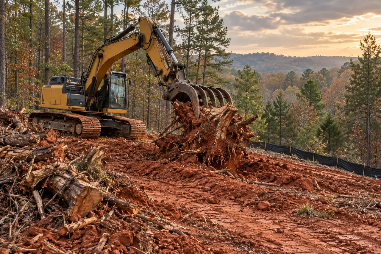 Excavator with a root rake pulling a stump from red clay on a wooded building site
