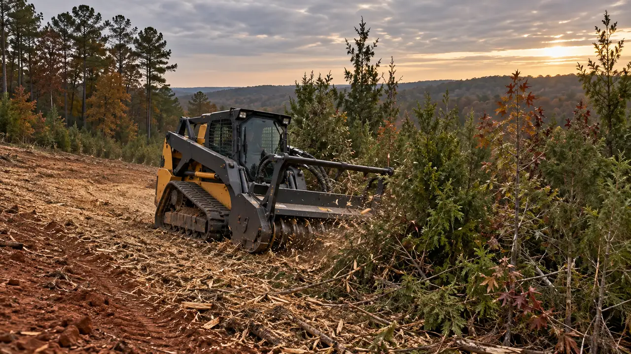 Compact track loader with a forestry mulching head clearing cedar and sweetgum at a field edge
